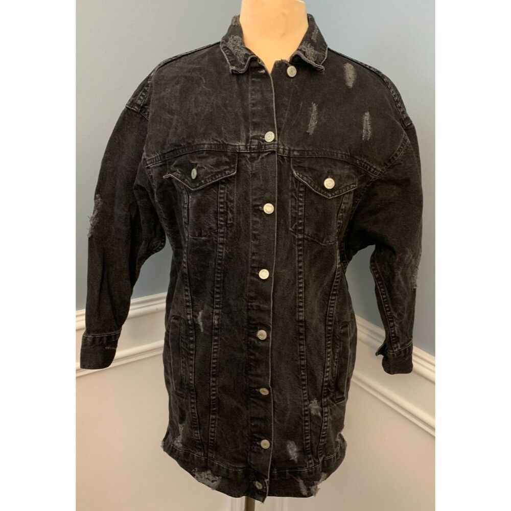 Zara Jacket Womens M Trafaluc Denim Longline Distressed Oversized Button Up